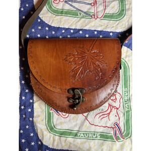 VINTAGE BROWN GENUINE ETCHED COWHIDE LEATHER Leaf SHOULDER HANDCRAFTED BAG